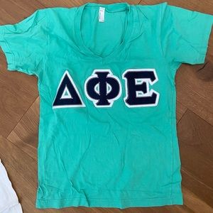 Teal Delta Phi Epsilon Tee with Navy Letters